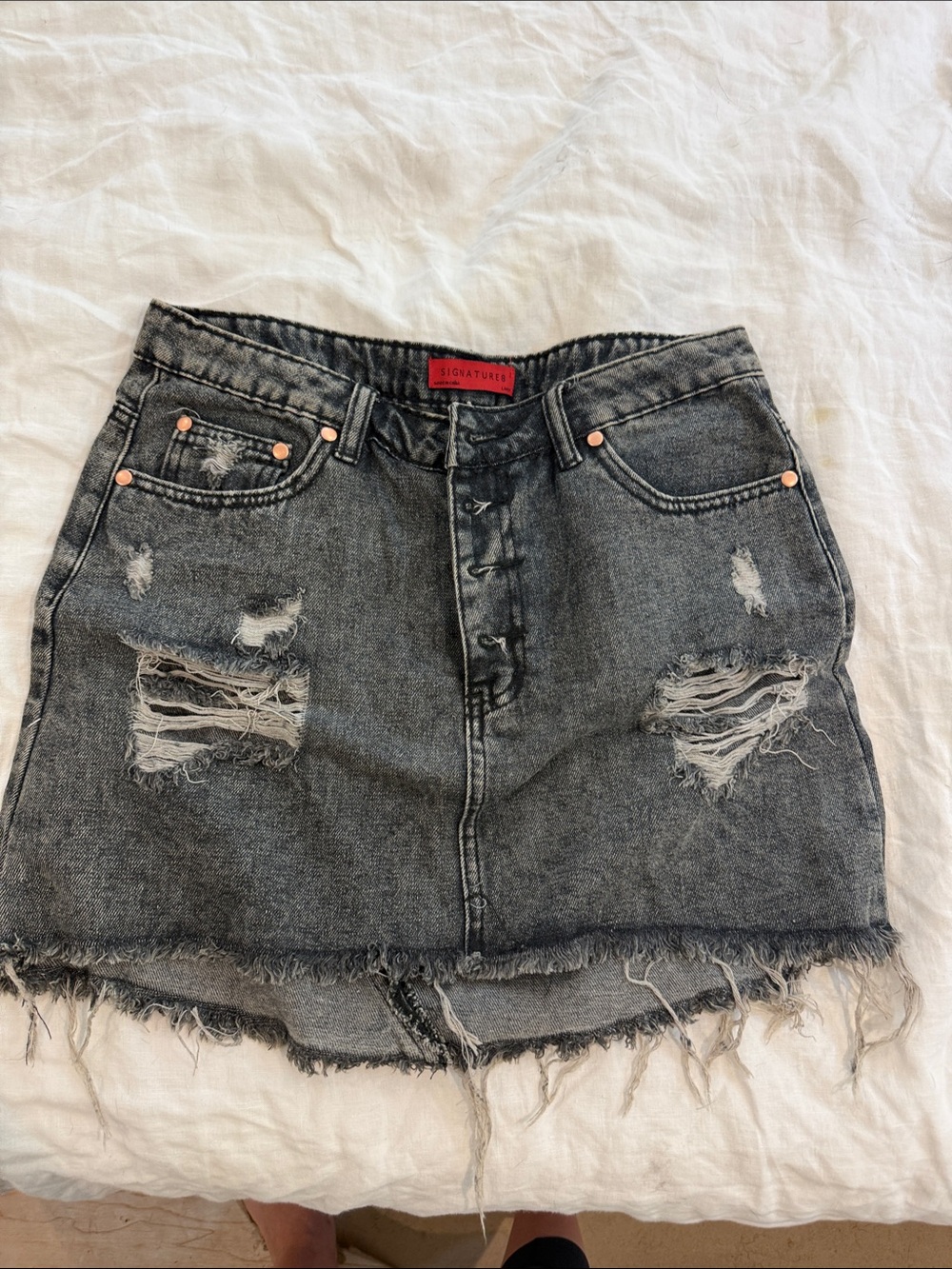 Signature Distressed Washed Black Denim Mini Skirt